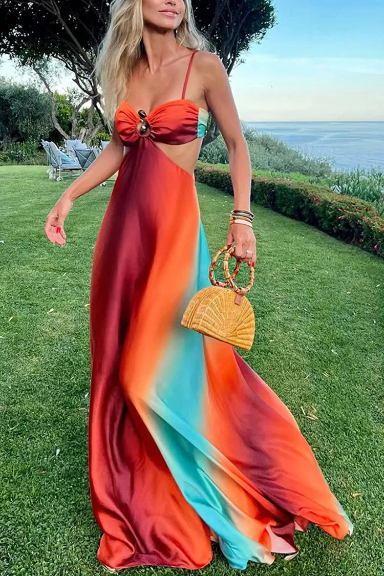 Sexy gradiente oco para fora maxi vestido feminino sem costas sem mangas estilingue vestidos longos 2025 férias de verão boho praia roupões de cetim