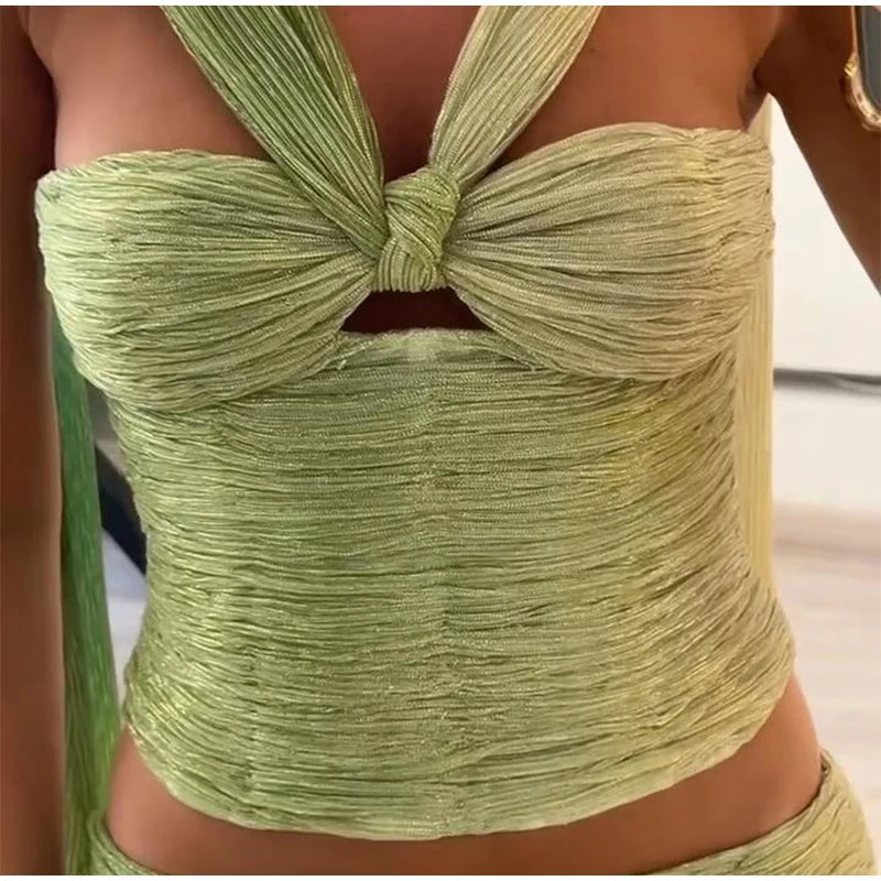 Gradiente saias longas outfits feminino halter sem mangas rendas até sem costas conjuntos de dobra feminino 2025 verão chique festival praia ternos