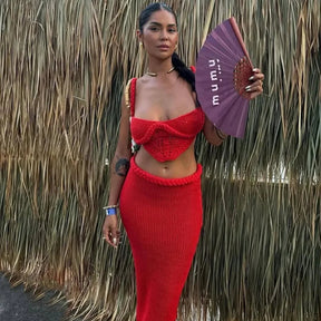 Férias de malha 2 peça terno feminino sexy halter sem mangas sem costas colheita tanque longo quadril pacote saia 2025 férias senhora conjuntos