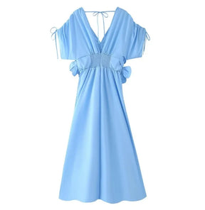 Azul com decote em v cintura cinching cinto 3d flor borboleta nó férias vestido longo feminino moda transfronteiriça manga curta sino sle