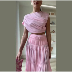 Moda sólida saia plissada define feminino sem mangas colheita topos de cintura alta elástica a linha saias 2025 primavera senhora ternos elegantes