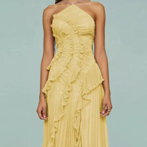 Verão temperamento plissado halter pescoço longo vestido de férias alta qualidade roxo sem alças 2025 novo clube roupas vestidos