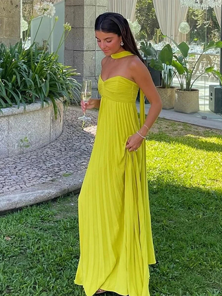 Vestido longo plissado sem alças feminino com fita, vestes femininas, sem mangas, sem costas, elegante, vestidos de festa, sexy, verão, novo, 2022
