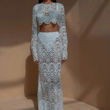 Branco elegante bordado oco para fora vestidos de praia conjunto sexy ver embora colheita topos saias longas conjuntos femininos roupas de verão