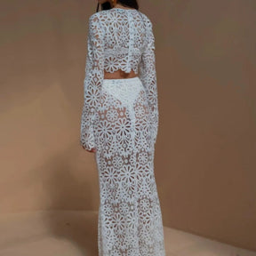Branco elegante bordado oco para fora vestidos de praia conjunto sexy ver embora colheita topos saias longas conjuntos femininos roupas de verão