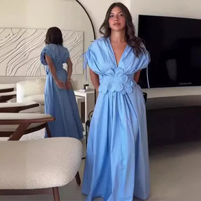 Azul com decote em v cintura cinching cinto 3d flor borboleta nó férias vestido longo feminino moda transfronteiriça manga curta sino sle