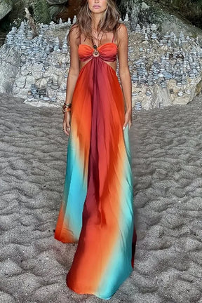 Sexy gradiente oco para fora maxi vestido feminino sem costas sem mangas estilingue vestidos longos 2025 férias de verão boho praia roupões de cetim