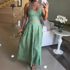 Sexy fora do ombro superior e saias longas ternos de verão elegante plissado fino ajuste praia outfit novo verde jacquard festa conjuntos femininos