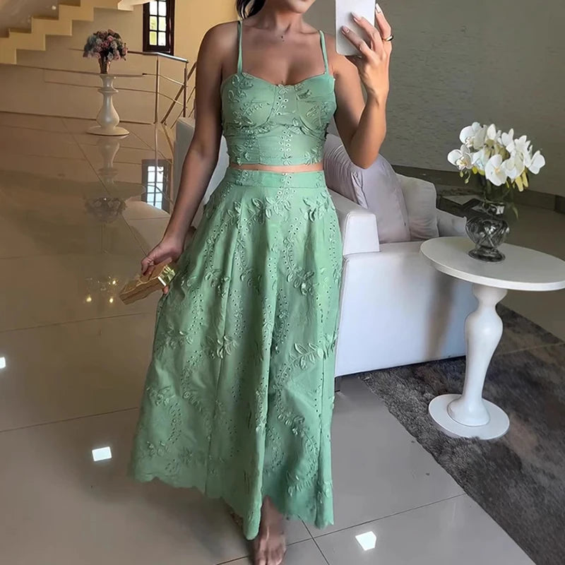 Sexy fora do ombro superior e saias longas ternos de verão elegante plissado fino ajuste praia outfit novo verde jacquard festa conjuntos femininos