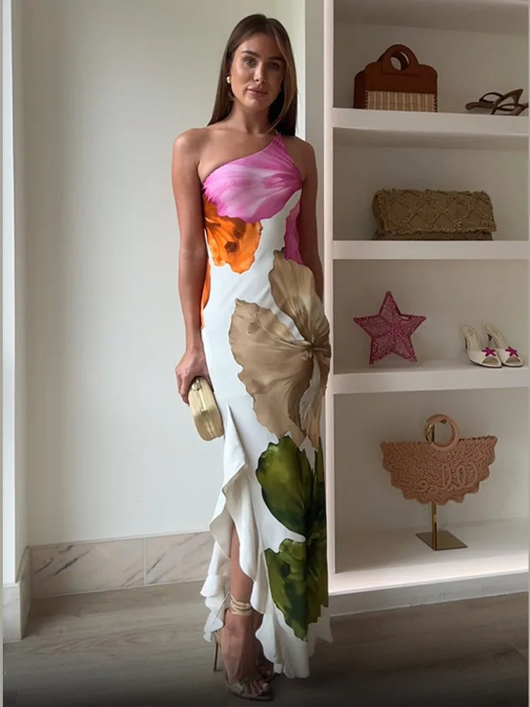 Retro impresso sem alças vestido longo moda feminina sem mangas fora do ombro plissado vestidos 2025 verão senhora praia festa robes