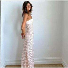 Verão lantejoulas oco para fora vestido longo feminino sexy em torno do pescoço sem mangas fino ajuste feminino vestidos hip pacote senhora beachwear 2025