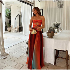 Impresso cor colisão feminino maxi vestido peito envolto cortar sem alças sem costas cintura alta plissado robe 2025 verão senhora robes