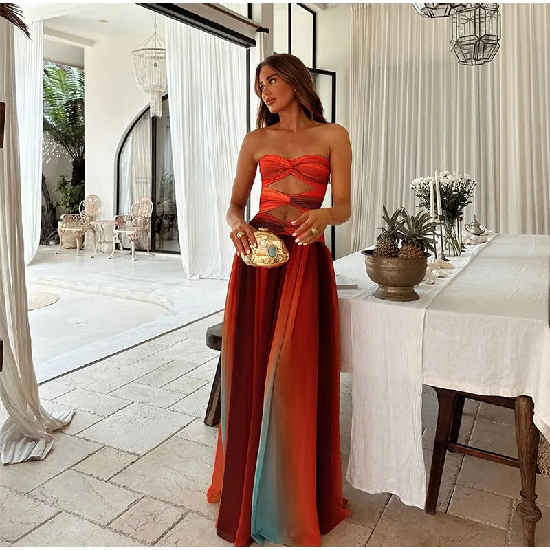 Impresso cor colisão feminino maxi vestido peito envolto cortar sem alças sem costas cintura alta plissado robe 2025 verão senhora robes