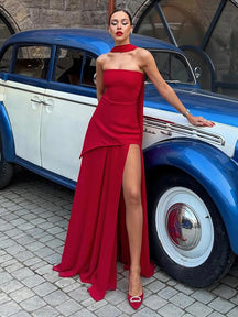 Taruxy vestido longo sem alças com fenda e fita feminino sem mangas malha elegante vestido de férias de praia 2025 primavera novo vestido feminino