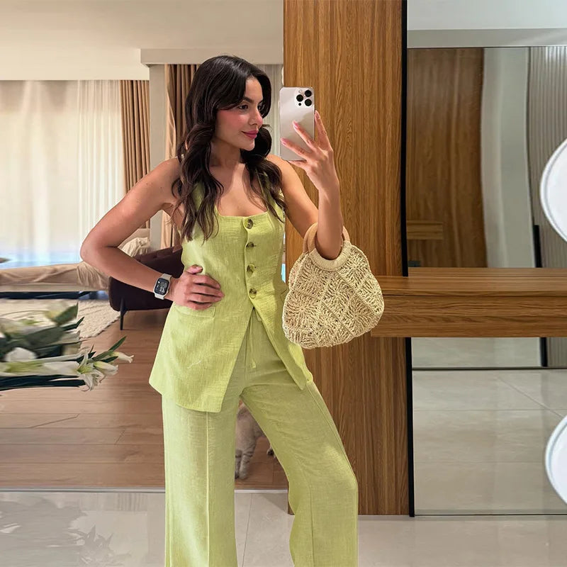 Conjunto de duas peças de linho feminino sem mangas pescoço quadrado colete combinando calças largas verde limão casual escritório verão outfit ternos
