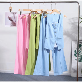 Conjunto de duas peças de linho feminino sem mangas pescoço quadrado colete combinando calças largas verde limão casual escritório verão outfit ternos