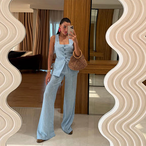 Conjunto de duas peças de linho feminino sem mangas pescoço quadrado colete combinando calças largas verde limão casual escritório verão outfit ternos