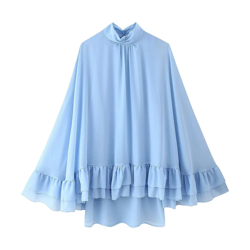 Veithche feminino babados mini vestidos chiffon solto gola alta manga alargamento vestido azul primavera verão 2025 senhora vestidos de férias