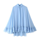Veithche feminino babados mini vestidos chiffon solto gola alta manga alargamento vestido azul primavera verão 2025 senhora vestidos de férias