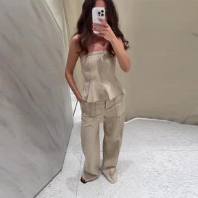 Elegante colete plissado calças de perna larga 2025 verão nova senhora calças compridas ternos moda babados fora do ombro regata calças soltas