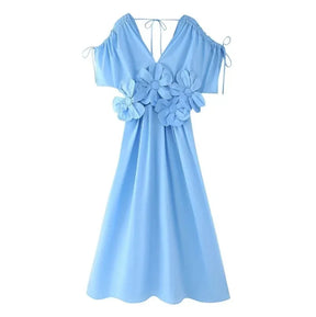 Azul com decote em v cintura cinching cinto 3d flor borboleta nó férias vestido longo feminino moda transfronteiriça manga curta sino sle
