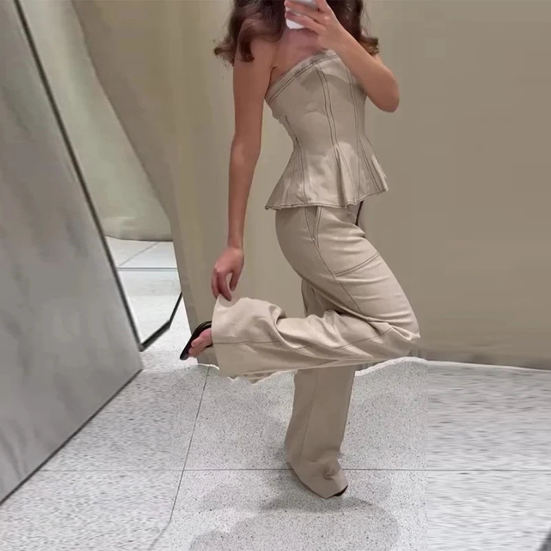 Elegante colete plissado calças de perna larga 2025 verão nova senhora calças compridas ternos moda babados fora do ombro regata calças soltas