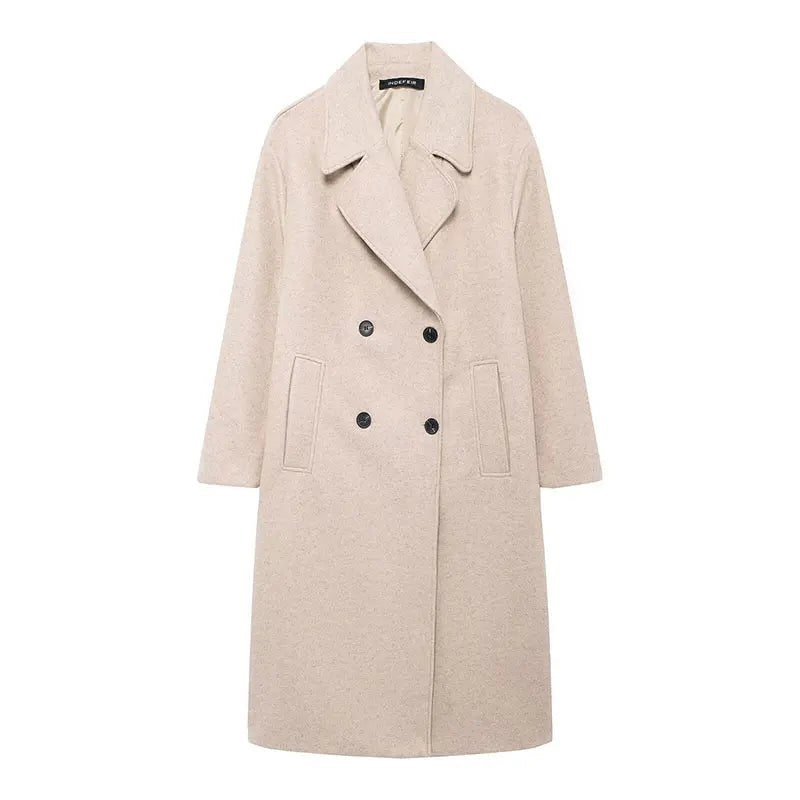 Trafza casaco de inverno para mulher 2024 lapela sólida duplo breasted longo cardigan topo feminino pokcet streetwear mulher novo em outerwear