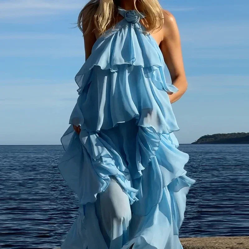3d flor babados em camadas vestidos femininos elegante chiffon sem costas sem mangas fofo vestido longo 2025 verão nova senhora praia robes