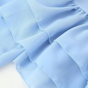 Veithche feminino babados mini vestidos chiffon solto gola alta manga alargamento vestido azul primavera verão 2025 senhora vestidos de férias