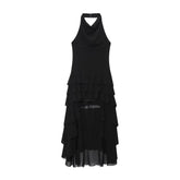 Roupas femininas 2025 verão novo produto estilo doce e picante em camadas decoração halter pescoço colarinho irregular vestido longo