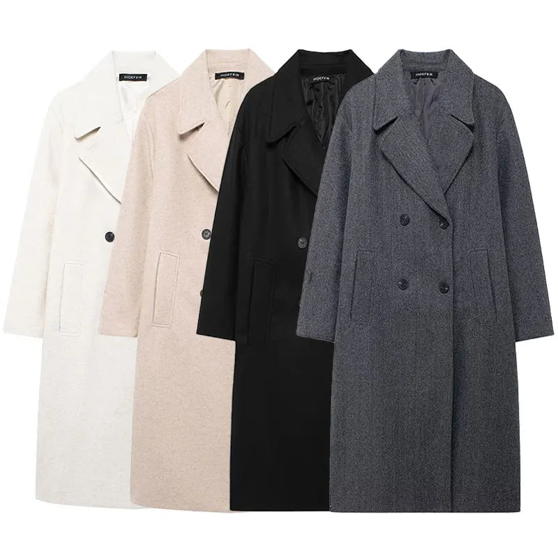 Trafza casaco de inverno para mulher 2024 lapela sólida duplo breasted longo cardigan topo feminino pokcet streetwear mulher novo em outerwear