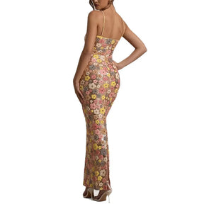 Summ feminino flores lantejoulas retalhos magro festa vestido longo sem alças moda maxi vestido, sexy sem mangas senhoras vestido vestidos