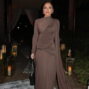 Irregular retalhos plissado maxi vestido feminino chique gola alta manga cheia magro ajuste vestidos 2025 verão vestidos de rua alta novo