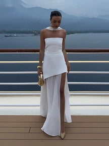 Taruxy vestido longo sem alças com fenda e fita feminino sem mangas malha elegante vestido de férias de praia 2025 primavera novo vestido feminino