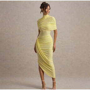 Chic sólido plissado hem retalhos vestidos longos feminino elegante o pescoço mangas completas roupões moda feminina férias high street wear