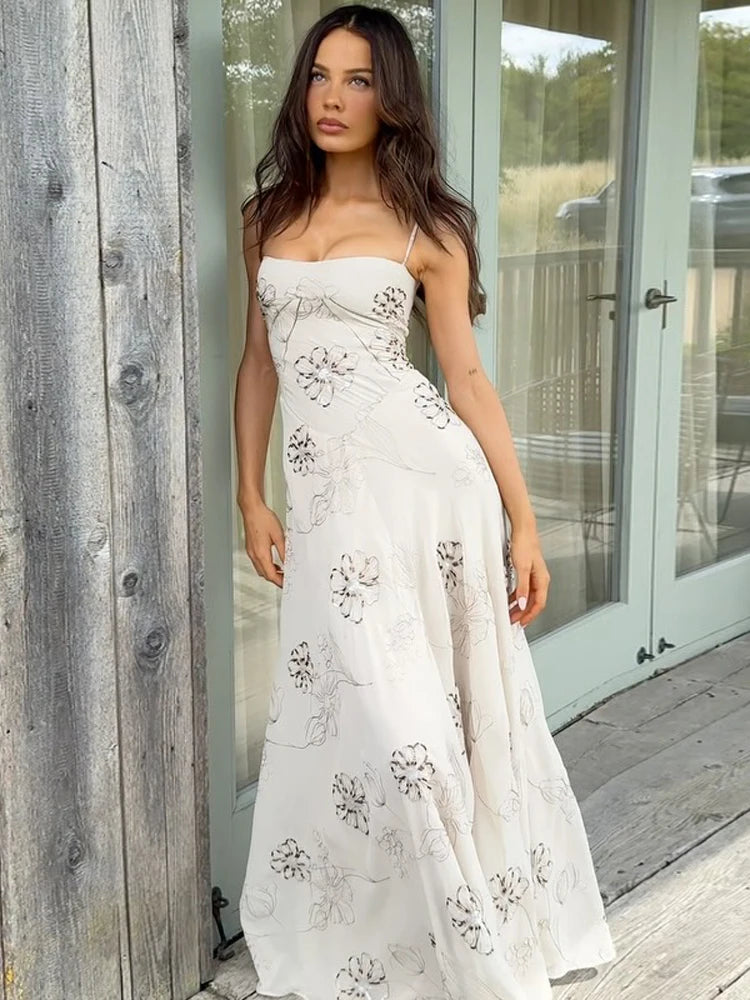 Branco floral impresso cinta de espaguete maxi vestido feminino pescoço quadrado sem mangas vestidos fluidos nova praia férias senhora vestido 2025