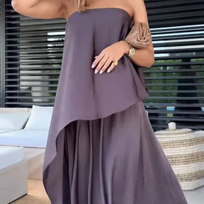 Elegante cor sólida streetwear casual conjunto de viagem verão moda sem alças fora do ombro irregular topo combinar solto saia longa conjunto