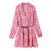 Traf & feminino 2025 primavera nova moda vento preguiçoso cinto fino impresso vestido chique v coringa botão manga longa mini saia vestidos mujer