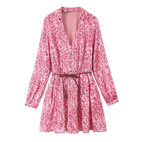 Traf & feminino 2025 primavera nova moda vento preguiçoso cinto fino impresso vestido chique v coringa botão manga longa mini saia vestidos mujer