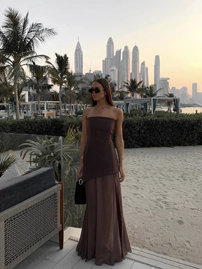 Taruxy vestido longo sem alças com fenda e fita feminino sem mangas malha elegante vestido de férias de praia 2025 primavera novo vestido feminino