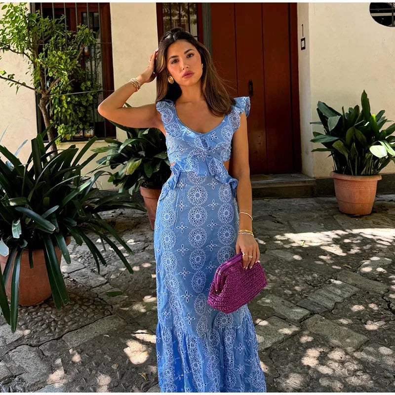 Maxi vestido oco bordado feminino, Longo, Sem mangas, Sem encosto, Ruffle, Praia, Feriado, Lady Party Robe, Sexy, Verão, 2022
