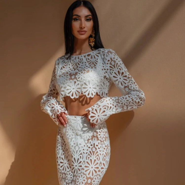 Branco elegante bordado oco para fora vestidos de praia conjunto sexy ver embora colheita topos saias longas conjuntos femininos roupas de verão