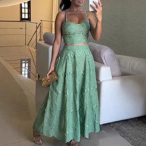 Sexy fora do ombro superior e saias longas ternos de verão elegante plissado fino ajuste praia outfit novo verde jacquard festa conjuntos femininos