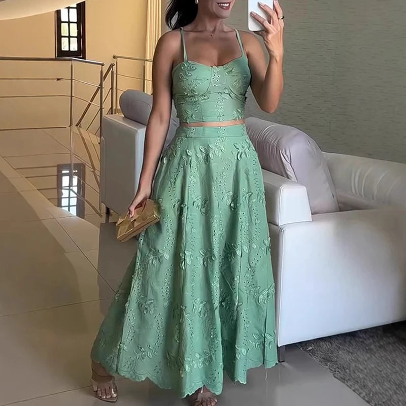 Sexy fora do ombro superior e saias longas ternos de verão elegante plissado fino ajuste praia outfit novo verde jacquard festa conjuntos femininos