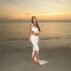 Férias de malha 2 peça terno feminino sexy halter sem mangas sem costas colheita tanque longo quadril pacote saia 2025 férias senhora conjuntos