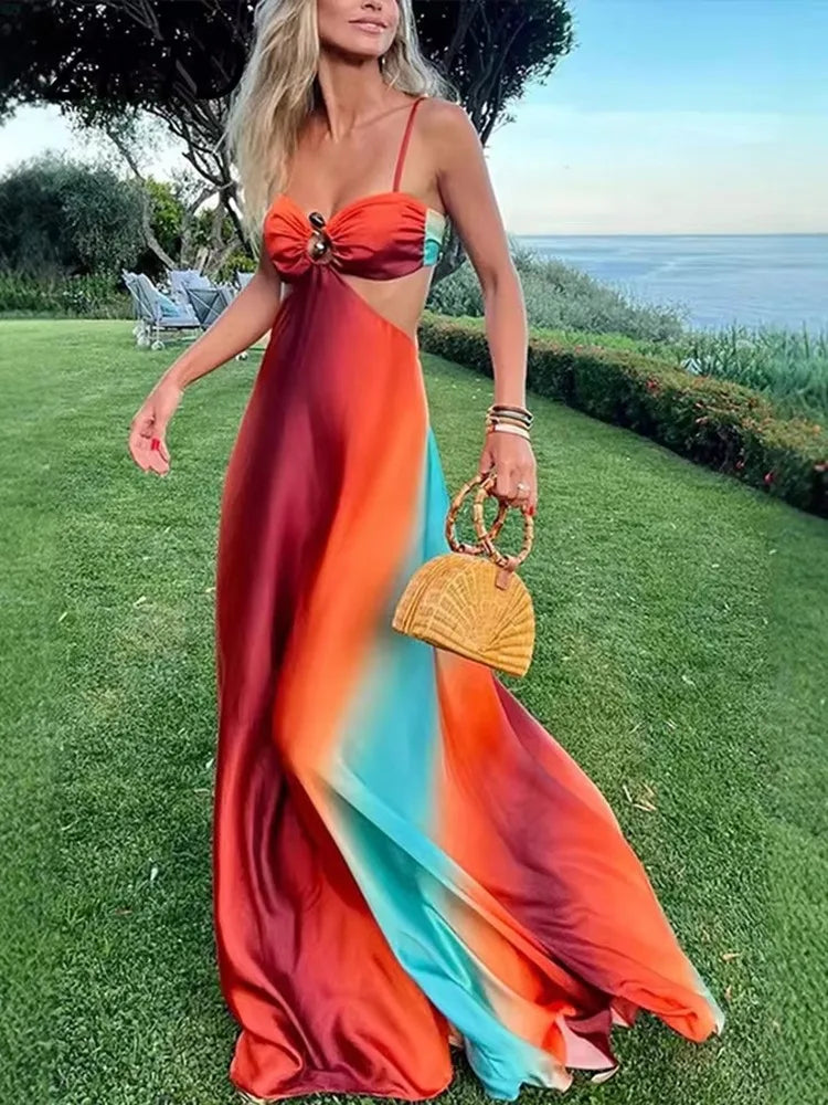 Sexy gradiente oco para fora maxi vestido feminino sem costas sem mangas estilingue vestidos longos 2025 férias de verão boho praia roupões de cetim