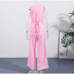 Conjunto de duas peças de linho feminino sem mangas pescoço quadrado colete combinando calças largas verde limão casual escritório verão outfit ternos