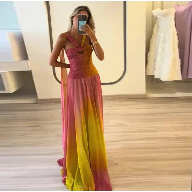 Elegante gradiente fita vestido longo feminino oco plissado sem mangas sem costas vestidos de praia 2025 verão senhora roupões de noite
