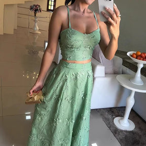 Sexy fora do ombro superior e saias longas ternos de verão elegante plissado fino ajuste praia outfit novo verde jacquard festa conjuntos femininos