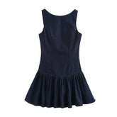 Traf denim vestido para mulheres moda outono inverno em camadas decorativas sem costas mini vestidos francês chique feminino roupas de noite